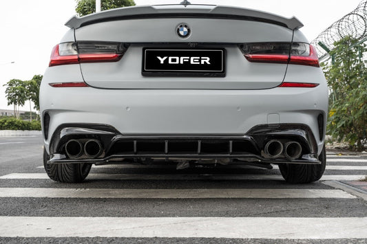 BMW 3 Series M340i 330i (With M-Package Bumper, does not fit base model) G20 G21 Pre-LCI 2019 2020 2021 2022 with Aftermarket Parts - V1 Style Rear Diffuser & Lower Splitters PP from Yofer.co