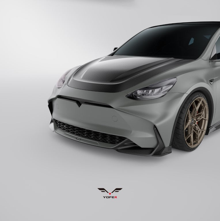 Tesla Model Y / Performance 2021 2022 2023 2024 with Aftermarket Parts - Loong Flames Style Hood Bonnet Pre-preg Carbon Fiber from Yofer.co