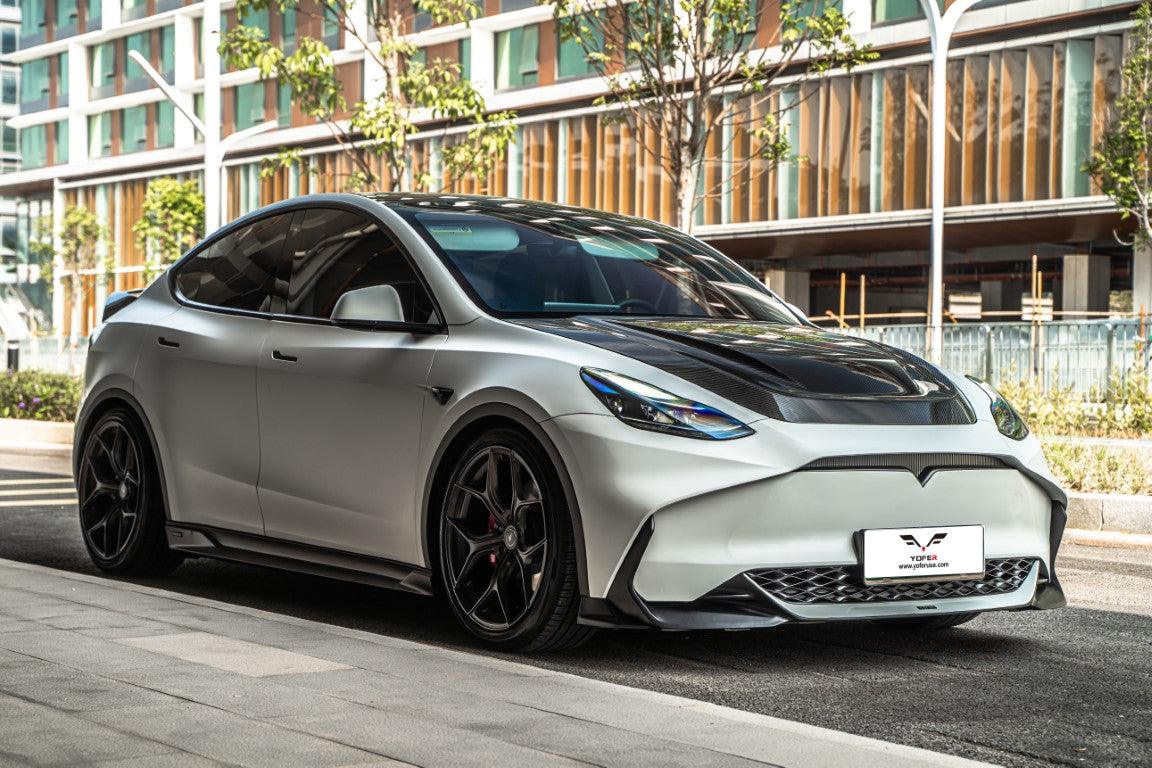 Tesla Model Y / Performance 2021 2022 2023 2024 with Aftermarket Parts - Loong Flames Style Hood Bonnet Pre-preg Carbon Fiber from Yofer.co
