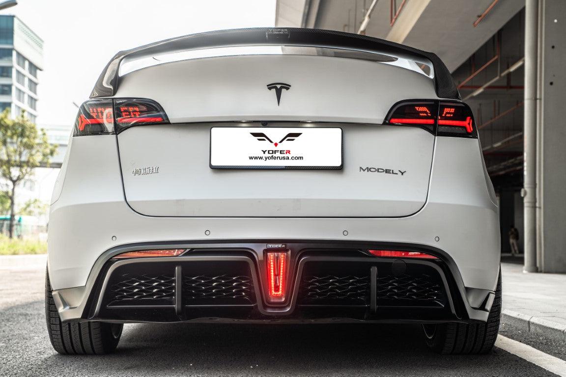 Tesla Model Y / Performance 2021 2022 2023 2024 with Aftermarket Parts - Loong Flames Style Rear Spoiler Wing Carbon Fiber from Yofer.co
