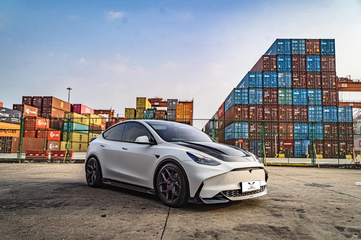 Tesla Model Y / Performance 2021 2022 2023 2024 with Aftermarket Parts - Loong Flames Style Hood Bonnet Pre-preg Carbon Fiber from Yofer.co