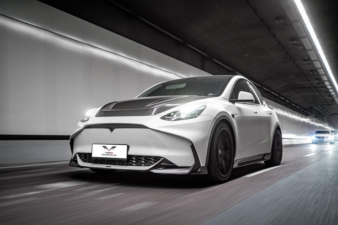 Tesla Model Y / Performance 2021 2022 2023 2024 with Aftermarket Parts - Loong Flames Style Hood Bonnet Pre-preg Carbon Fiber from Yofer.co