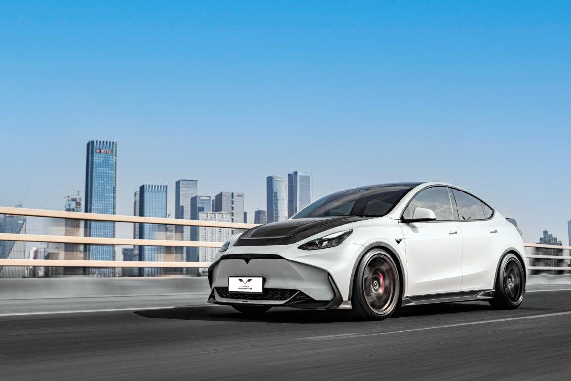 Tesla Model Y / Performance 2021 2022 2023 2024 with Aftermarket Parts - Loong Flames Style Hood Bonnet Pre-preg Carbon Fiber from Yofer.co