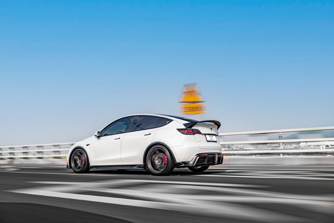 Tesla Model Y / Performance 2021 2022 2023 2024 with Aftermarket Parts - Loong Flames Style Rear Spoiler Wing Carbon Fiber from Yofer.co