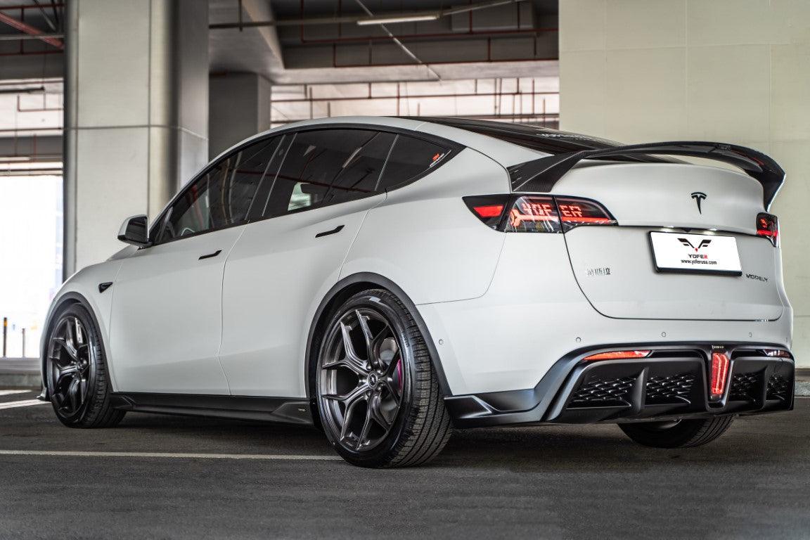 Tesla Model Y / Performance 2021 2022 2023 2024 with Aftermarket Parts - Loong Flames Style Rear Spoiler Wing Carbon Fiber from Yofer.co
