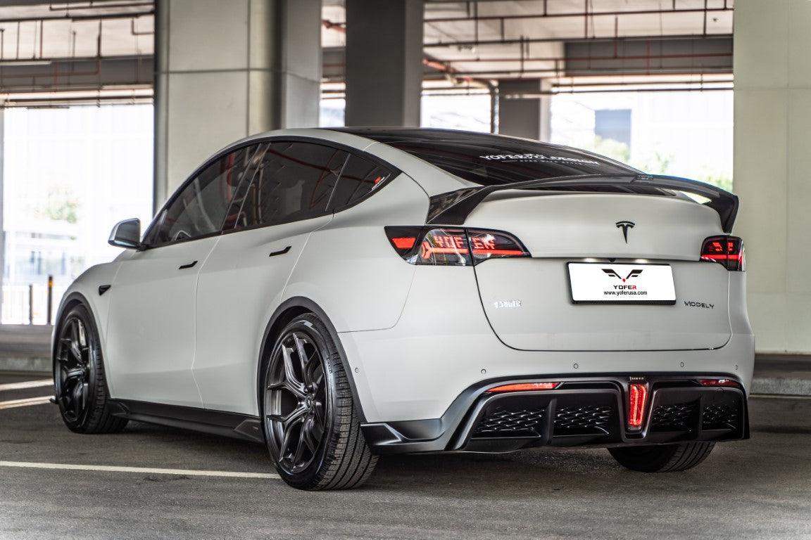Tesla Model Y / Performance 2021 2022 2023 2024 with Aftermarket Parts - Loong Flames Style Rear Spoiler Wing Carbon Fiber from Yofer.co