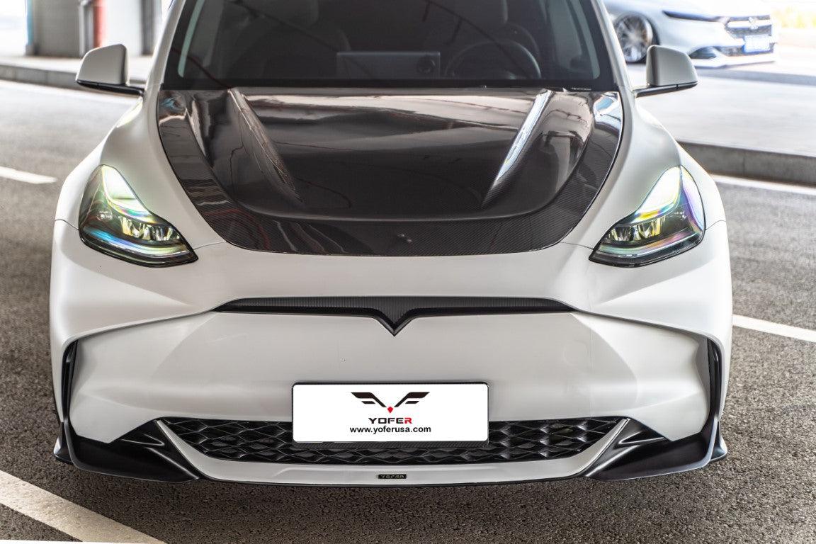 Tesla Model Y / Performance 2021 2022 2023 2024 with Aftermarket Parts - Loong Flames Style Hood Bonnet Pre-preg Carbon Fiber from Yofer.co