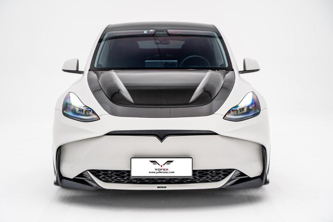 Tesla Model Y / Performance 2021 2022 2023 2024 with Aftermarket Parts - Loong Flames Style Hood Bonnet Pre-preg Carbon Fiber from Yofer.co