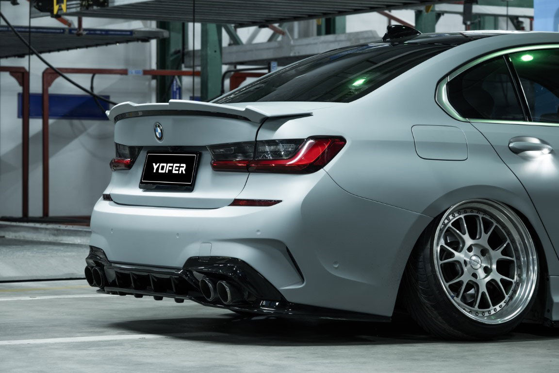 BMW 3 Series M340i 330i (With M-Package Bumper, does not fit base model) G20 G21 Pre-LCI 2019 2020 2021 2022 with Aftermarket Parts - V1 Style Rear Diffuser & Lower Splitters PP from Yofer.co