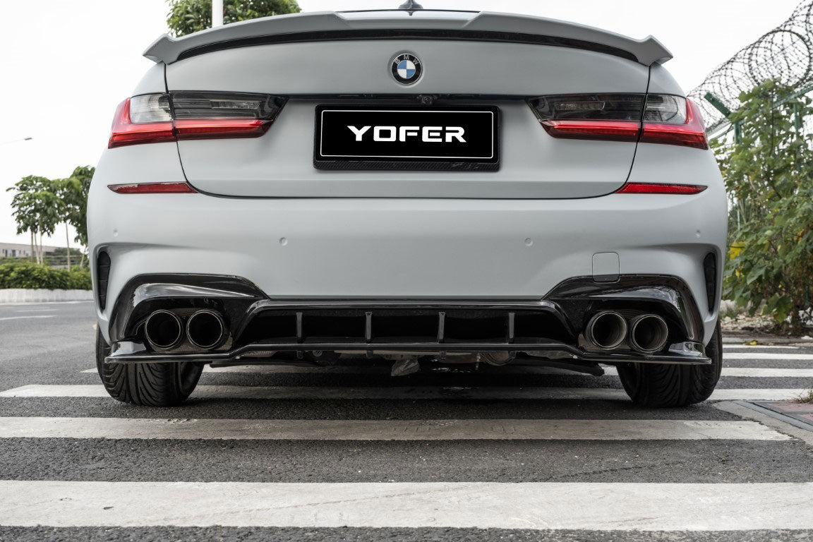BMW 3 Series M340i 330i (With M-Package Bumper, does not fit base model) G20 G21 Pre-LCI 2019 2020 2021 2022 with Aftermarket Parts - V1 Style Rear Diffuser & Lower Splitters PP from Yofer.co