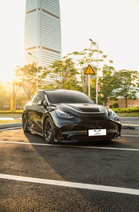 Tesla Model Y / Performance 2021 2022 2023 2024 with Aftermarket Parts - Loong Flames Style Hood Bonnet Pre-preg Carbon Fiber from Yofer.co