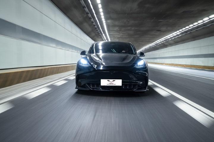 Tesla Model Y / Performance 2021 2022 2023 2024 with Aftermarket Parts - Loong Flames Style Hood Bonnet Pre-preg Carbon Fiber from Yofer.co