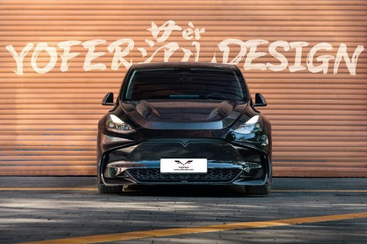 Tesla Model Y / Performance 2021 2022 2023 2024 with Aftermarket Parts - Loong Flames Style Hood Bonnet Pre-preg Carbon Fiber from Yofer.co