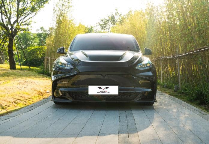 Tesla Model Y / Performance 2021 2022 2023 2024 with Aftermarket Parts - Loong Flames Style Hood Bonnet Pre-preg Carbon Fiber from Yofer.co
