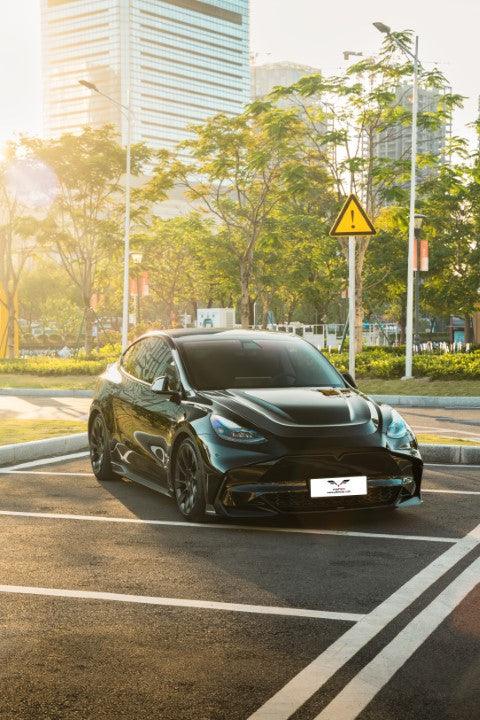 Tesla Model Y / Performance 2021 2022 2023 2024 with Aftermarket Parts - Loong Flames Style Hood Bonnet Pre-preg Carbon Fiber from Yofer.co
