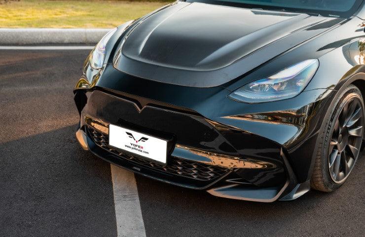 Tesla Model Y / Performance 2021 2022 2023 2024 with Aftermarket Parts - Loong Flames Style Hood Bonnet Pre-preg Carbon Fiber from Yofer.co