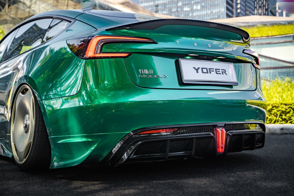 Tesla Model 3 Highland / Performance 2024 with Aftermarket Parts - V1 Sports Rear Diffuser & Canards PP from Yofer.co