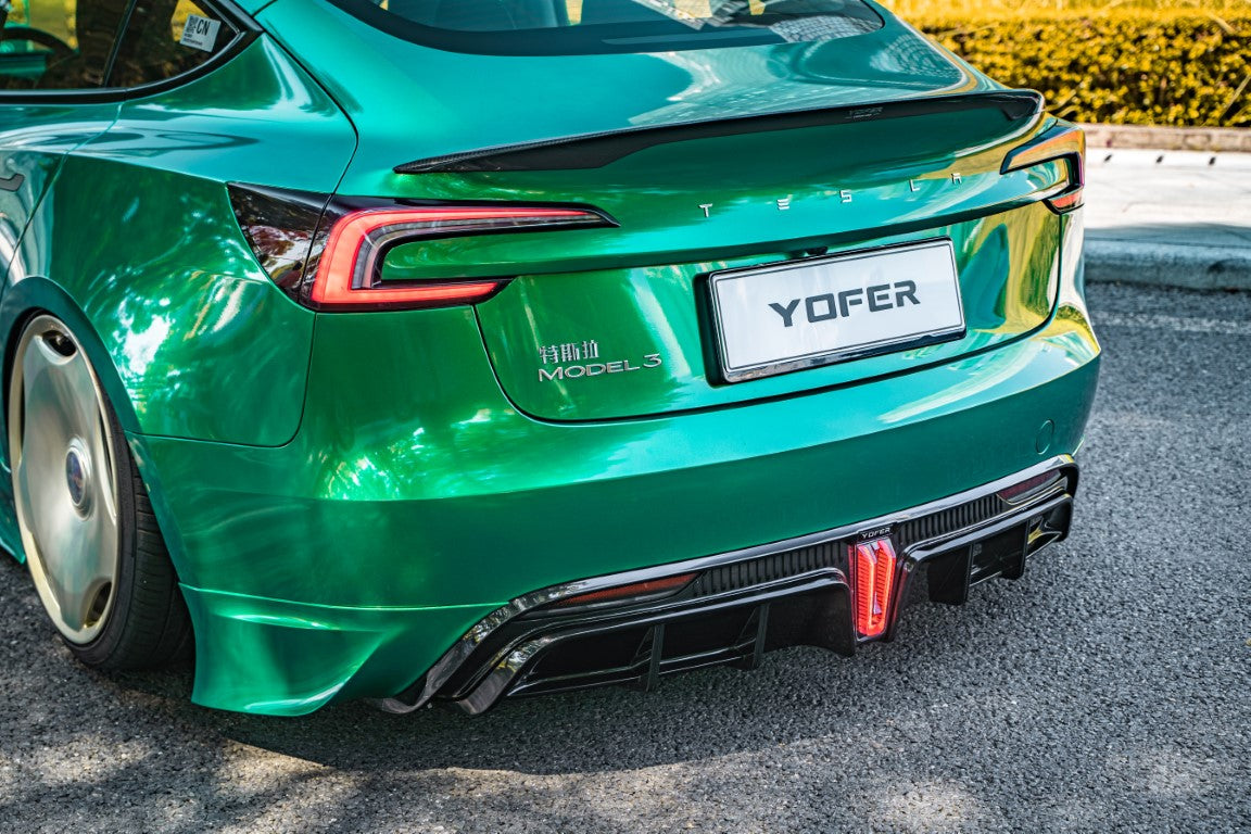Tesla Model 3 Highland / Performance 2024 with Aftermarket Parts - V1 Sports Rear Diffuser & Canards PP from Yofer.co
