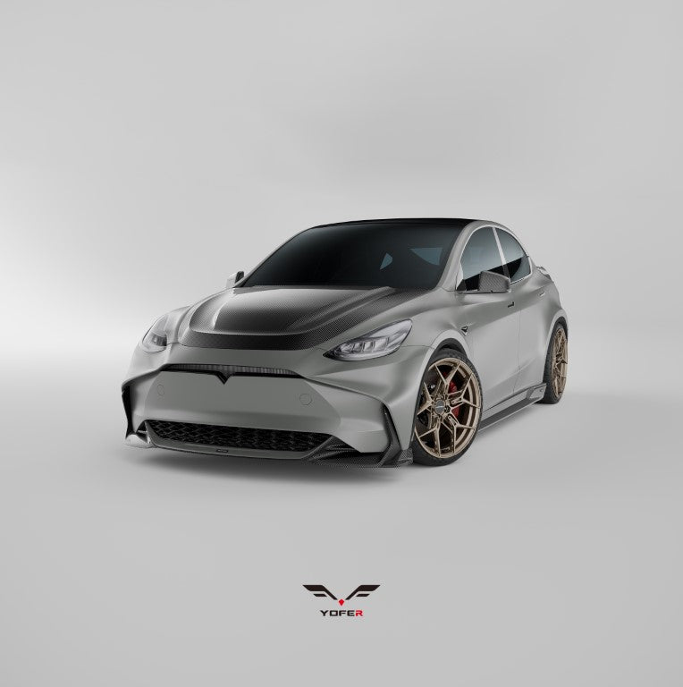 Tesla Model Y / Performance 2021 2022 2023 2024 with Aftermarket Parts - Loong Flames Style Hood Bonnet Pre-preg Carbon Fiber from Yofer.co