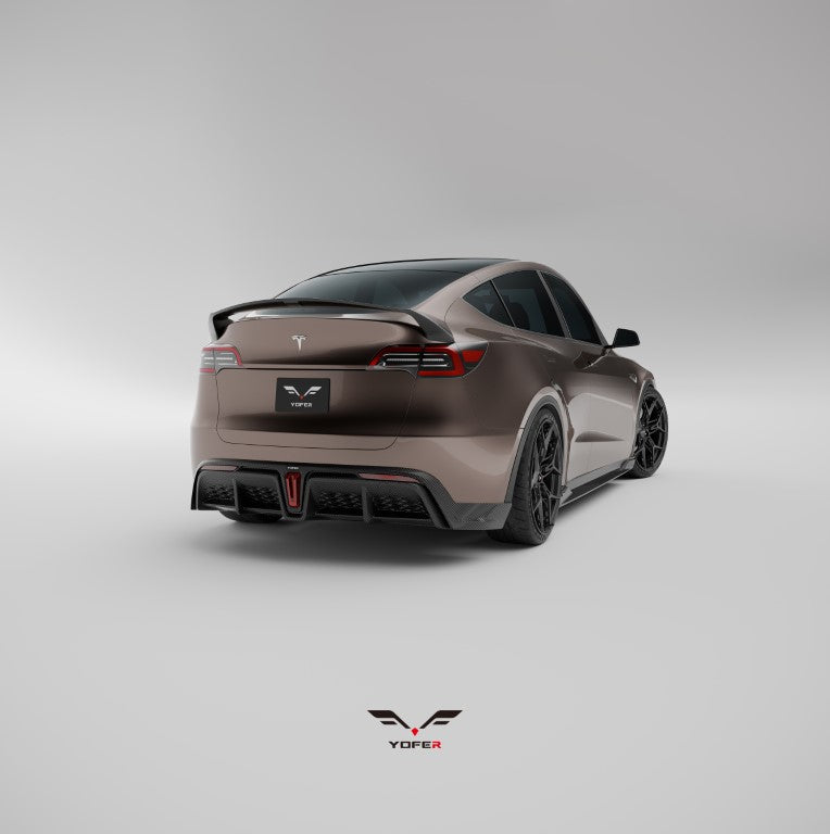 Tesla Model Y / Performance 2021 2022 2023 2024 with Aftermarket Parts - Loong Flames Style Rear Spoiler Wing Carbon Fiber from Yofer.co