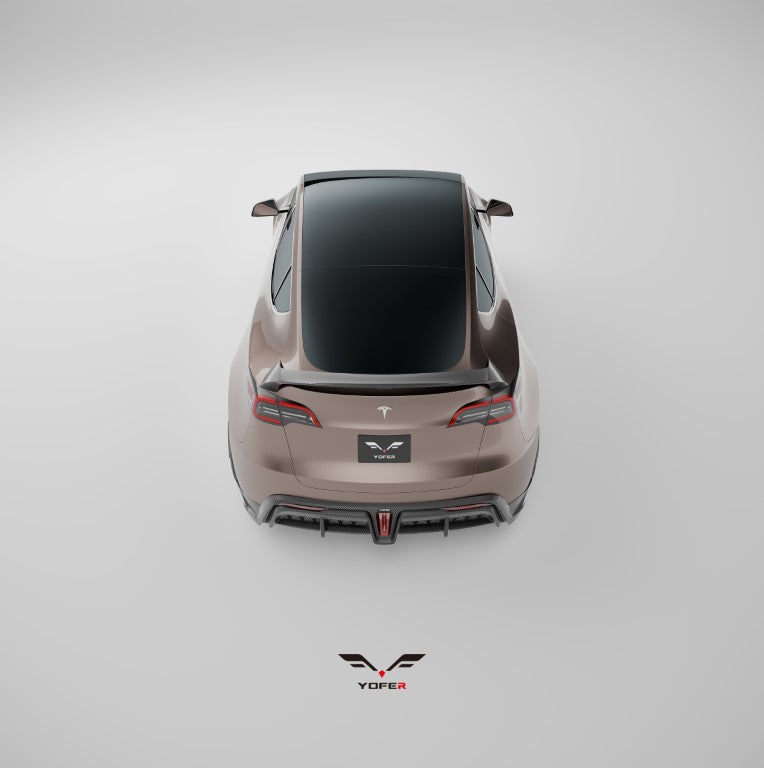 Tesla Model Y / Performance 2021 2022 2023 2024 with Aftermarket Parts - Loong Flames Style Rear Spoiler Wing Carbon Fiber from Yofer.co
