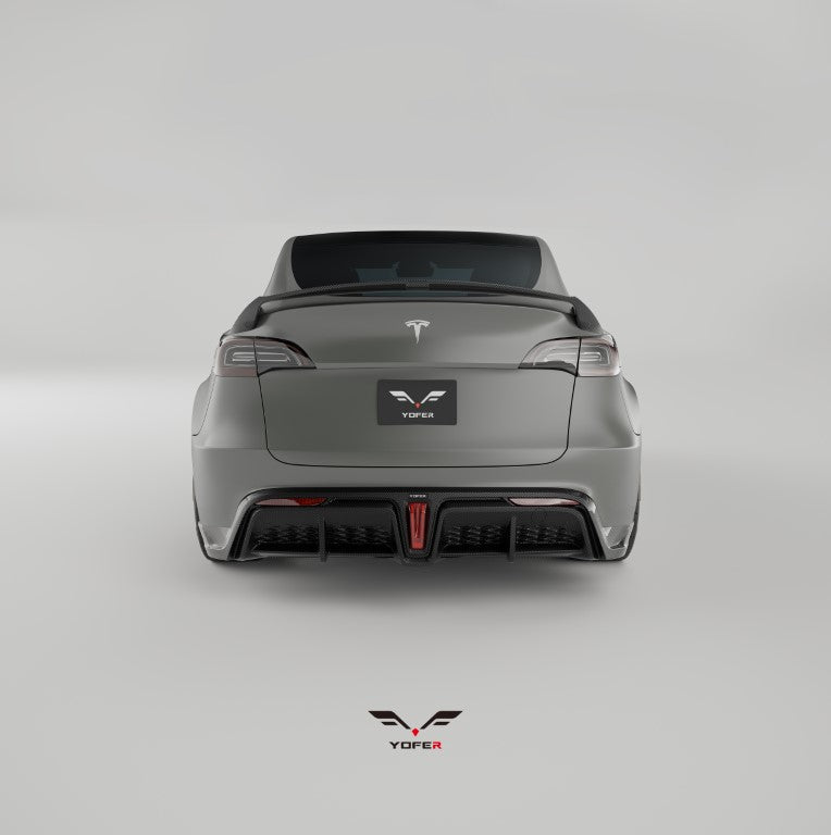 Tesla Model Y / Performance 2021 2022 2023 2024 with Aftermarket Parts - Loong Flames Style Rear Spoiler Wing Carbon Fiber from Yofer.co
