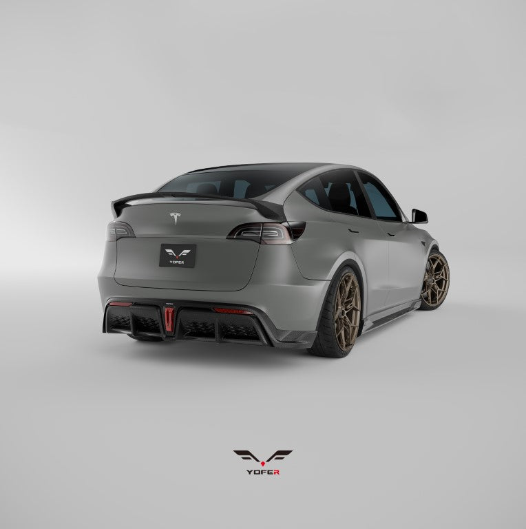Tesla Model Y / Performance 2021 2022 2023 2024 with Aftermarket Parts - Loong Flames Style Rear Spoiler Wing Carbon Fiber from Yofer.co