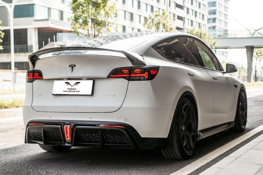 Tesla Model Y / Performance 2021 2022 2023 2024 with Aftermarket Parts - Loong Flames Style Rear Spoiler Wing Carbon Fiber from Yofer.co