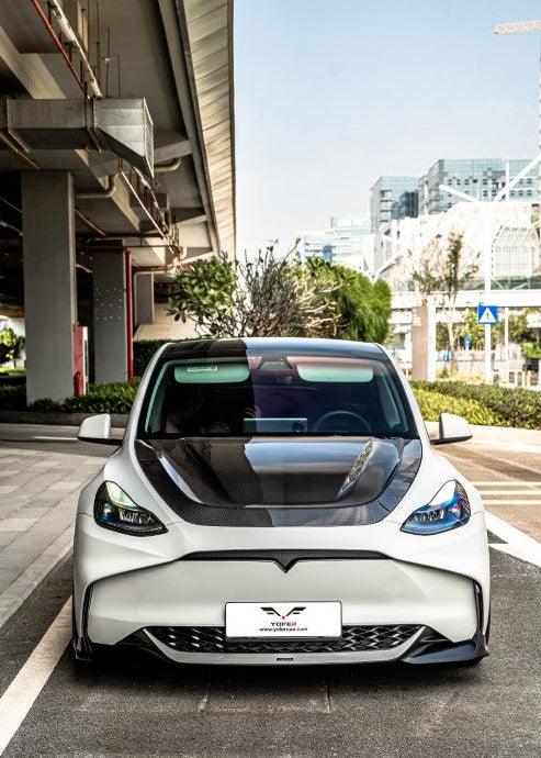 Tesla Model Y / Performance 2021 2022 2023 2024 with Aftermarket Parts - Loong Flames Style Hood Bonnet Pre-preg Carbon Fiber from Yofer.co