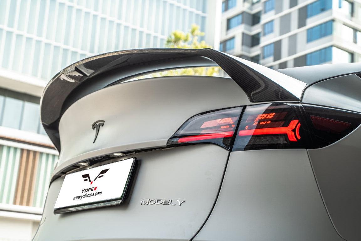 Tesla Model Y / Performance 2021 2022 2023 2024 with Aftermarket Parts - Loong Flames Style Rear Spoiler Wing Carbon Fiber from Yofer.co