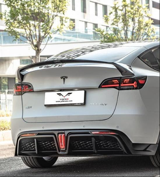 Tesla Model Y / Performance 2021 2022 2023 2024 with Aftermarket Parts - Loong Flames Style Rear Spoiler Wing Carbon Fiber from Yofer.co
