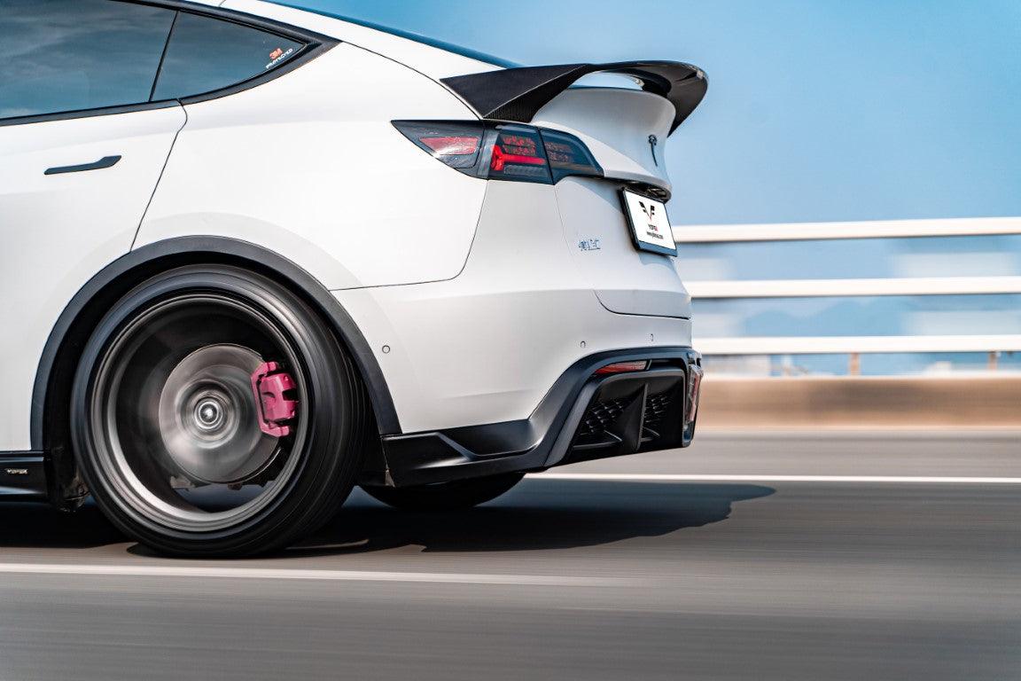 Tesla Model Y / Performance 2021 2022 2023 2024 with Aftermarket Parts - Loong Flames Style Rear Spoiler Wing Carbon Fiber from Yofer.co