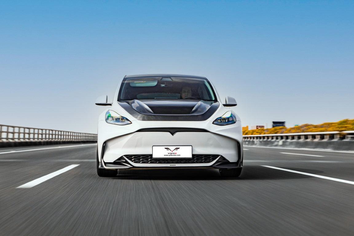 Tesla Model Y / Performance 2021 2022 2023 2024 with Aftermarket Parts - Loong Flames Style Hood Bonnet Pre-preg Carbon Fiber from Yofer.co