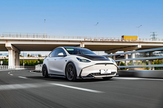 Tesla Model Y / Performance 2021 2022 2023 2024 with Aftermarket Parts - Loong Flames Style Hood Bonnet Pre-preg Carbon Fiber from Yofer.co