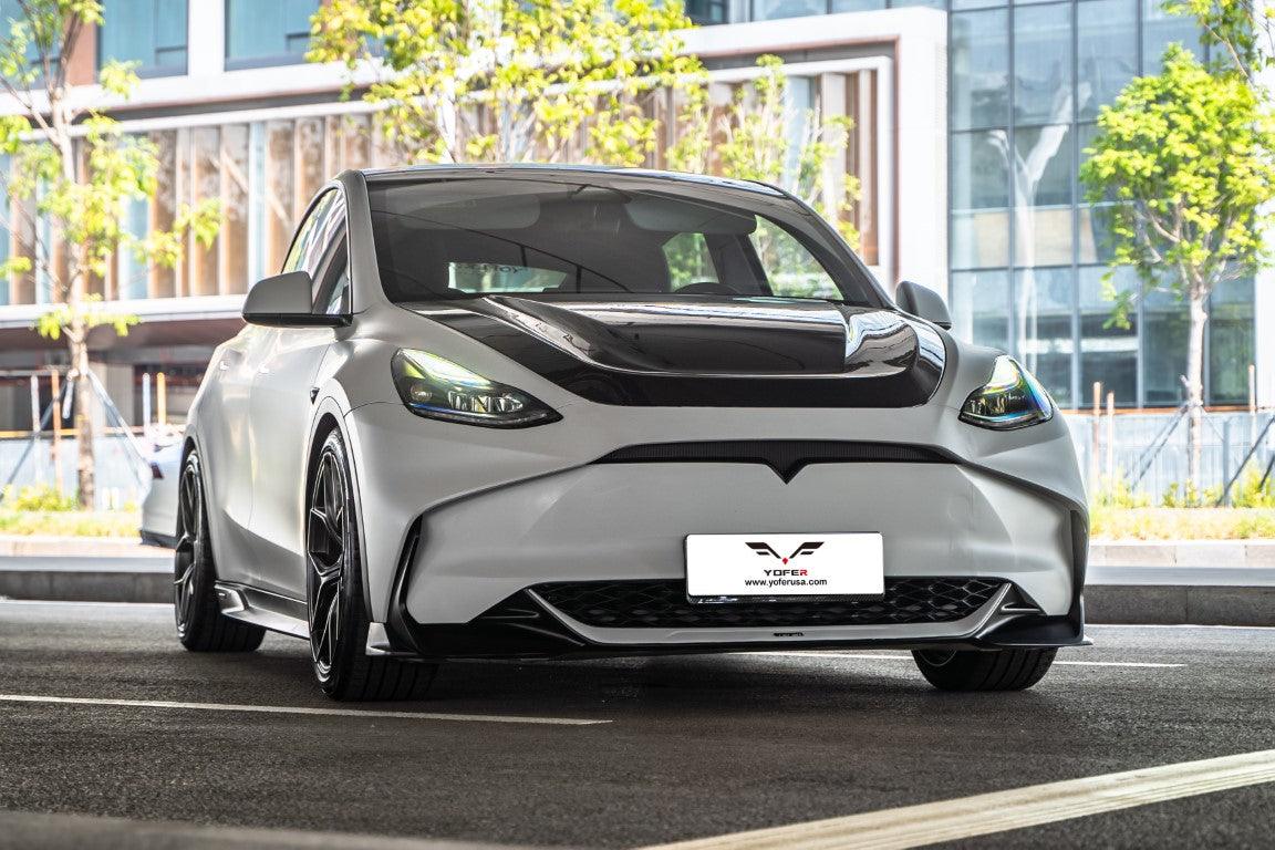 Tesla Model Y / Performance 2021 2022 2023 2024 with Aftermarket Parts - Loong Flames Style Hood Bonnet Pre-preg Carbon Fiber from Yofer.co