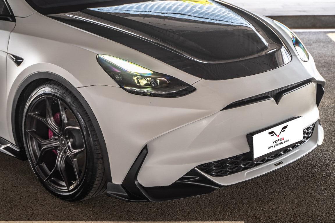 Tesla Model Y / Performance 2021 2022 2023 2024 with Aftermarket Parts - Loong Flames Style Hood Bonnet Pre-preg Carbon Fiber from Yofer.co