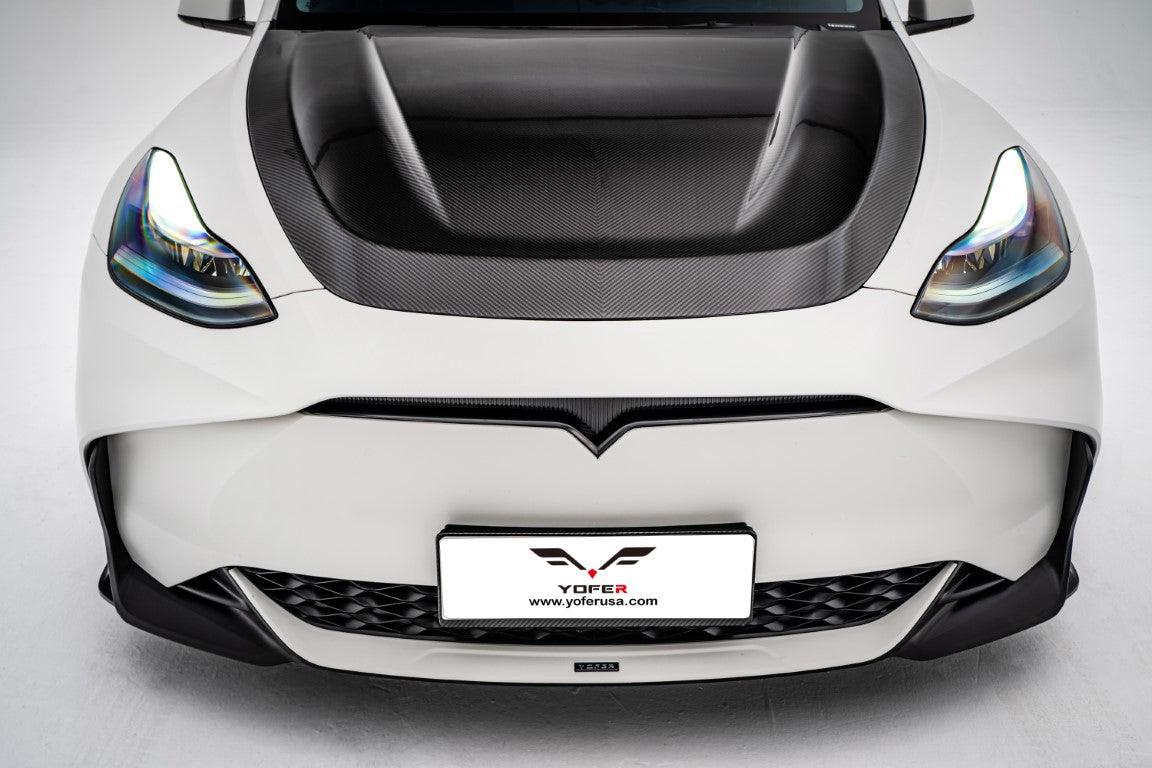Tesla Model Y / Performance 2021 2022 2023 2024 with Aftermarket Parts - Loong Flames Style Hood Bonnet Pre-preg Carbon Fiber from Yofer.co