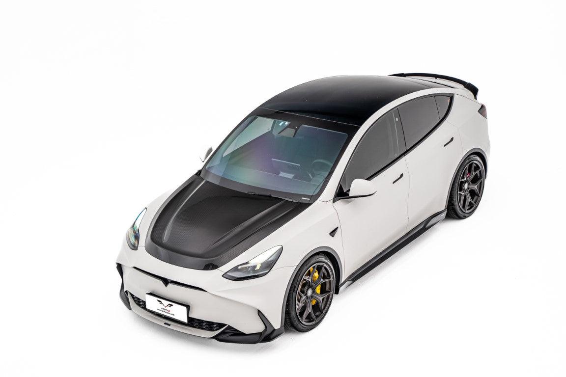 Tesla Model Y / Performance 2021 2022 2023 2024 with Aftermarket Parts - Loong Flames Style Hood Bonnet Pre-preg Carbon Fiber from Yofer.co